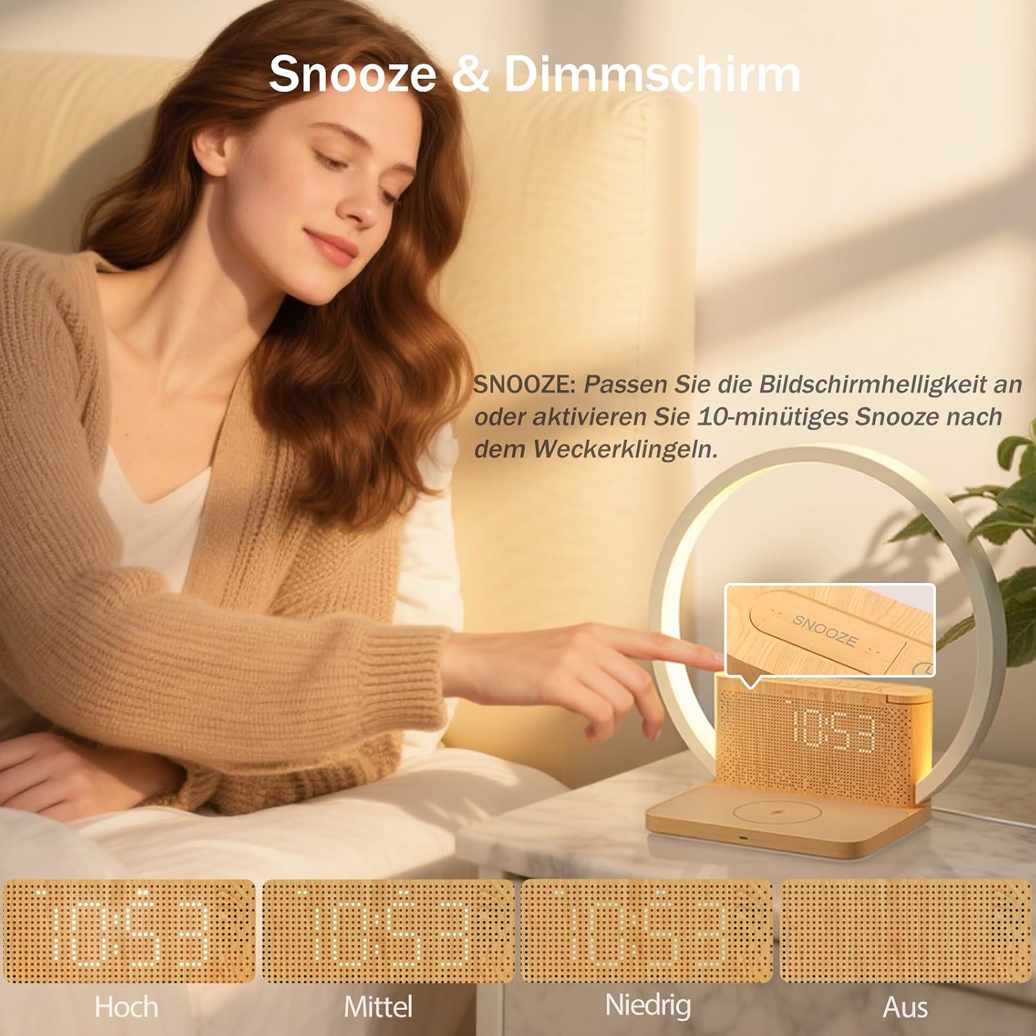 Detalle 1 de blonbar Tageslichtwecker & Nachttischlampe mit Ladefunktion (Qi), 3-Stufen Touch Dimmer