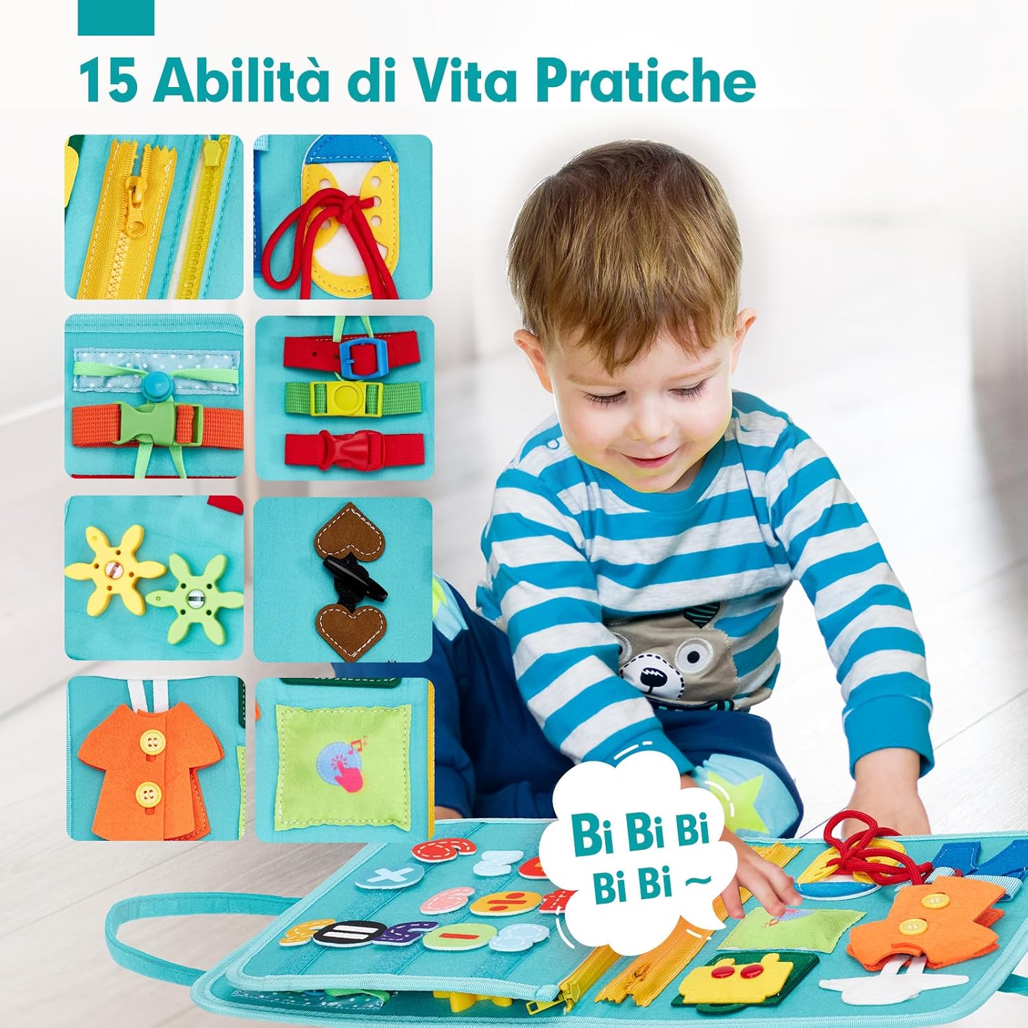 Detalle de hahaland Montessori Busy Board di Feltro – Pannello Sensoriale 9 in 1 per bambini 2–3 anni