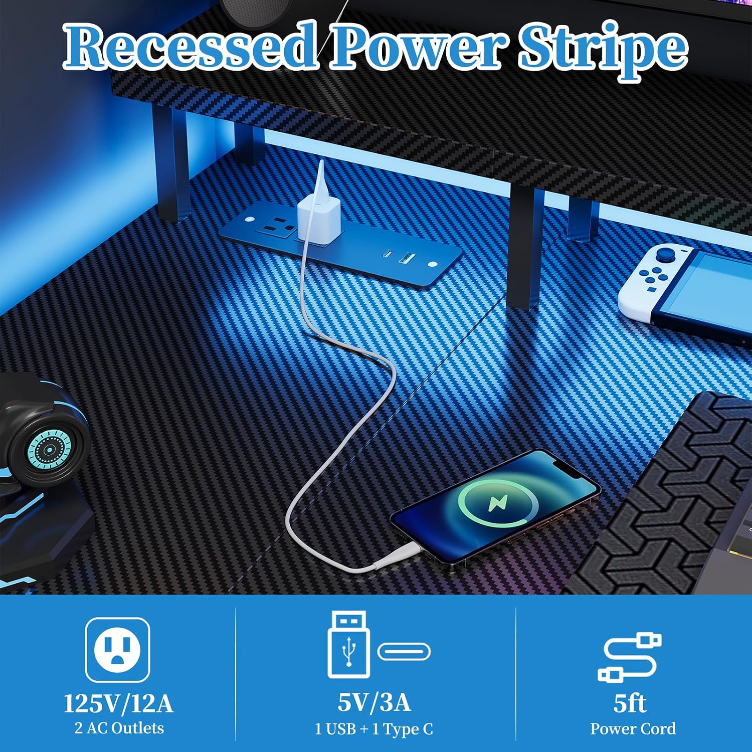 Thumbnail 4 de Grandder 100cm Reversible L-Shaped Gaming Desk with Power Sockets & LED Lights