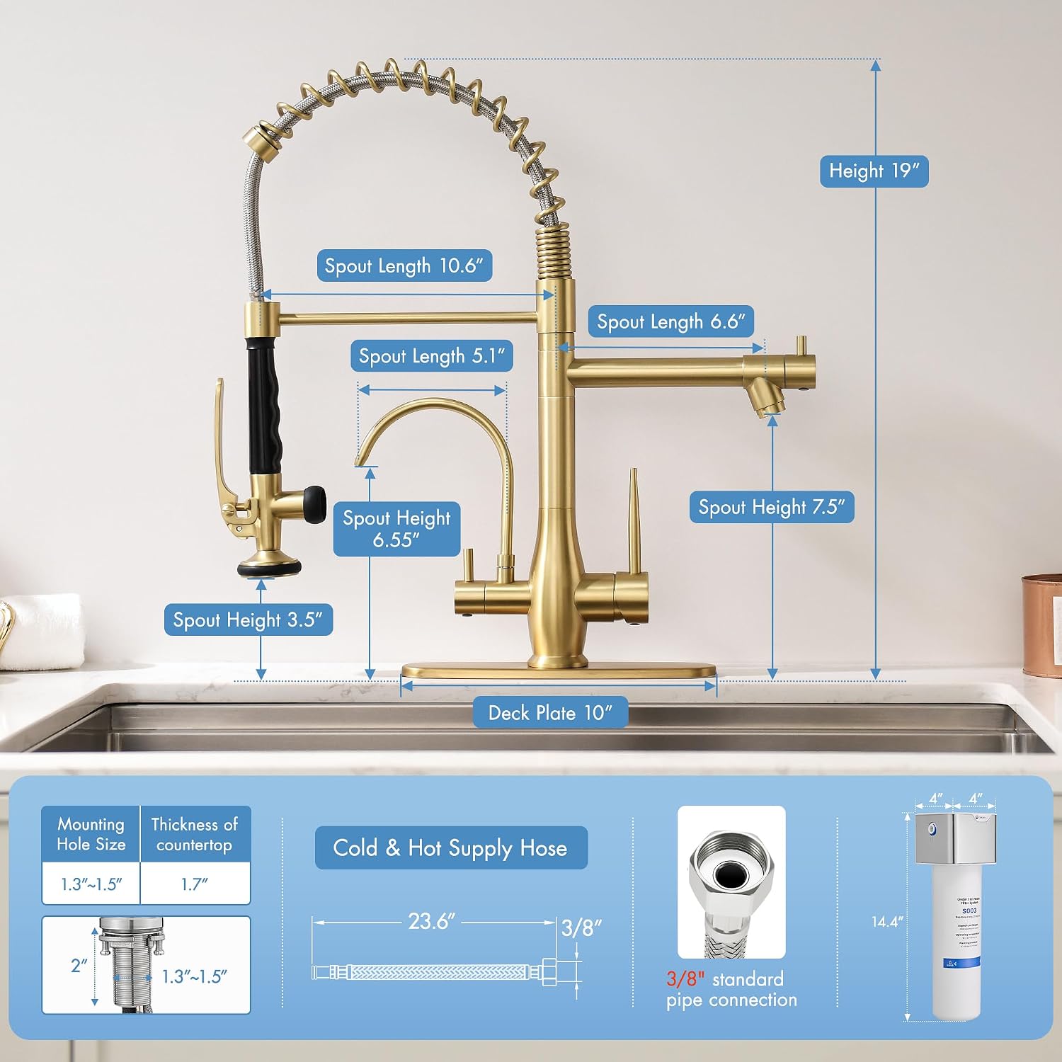 Thumbnail 2 de GIMILI GM1112G 3-in-1 Kitchen Faucet with Gold Finish and Water Filter