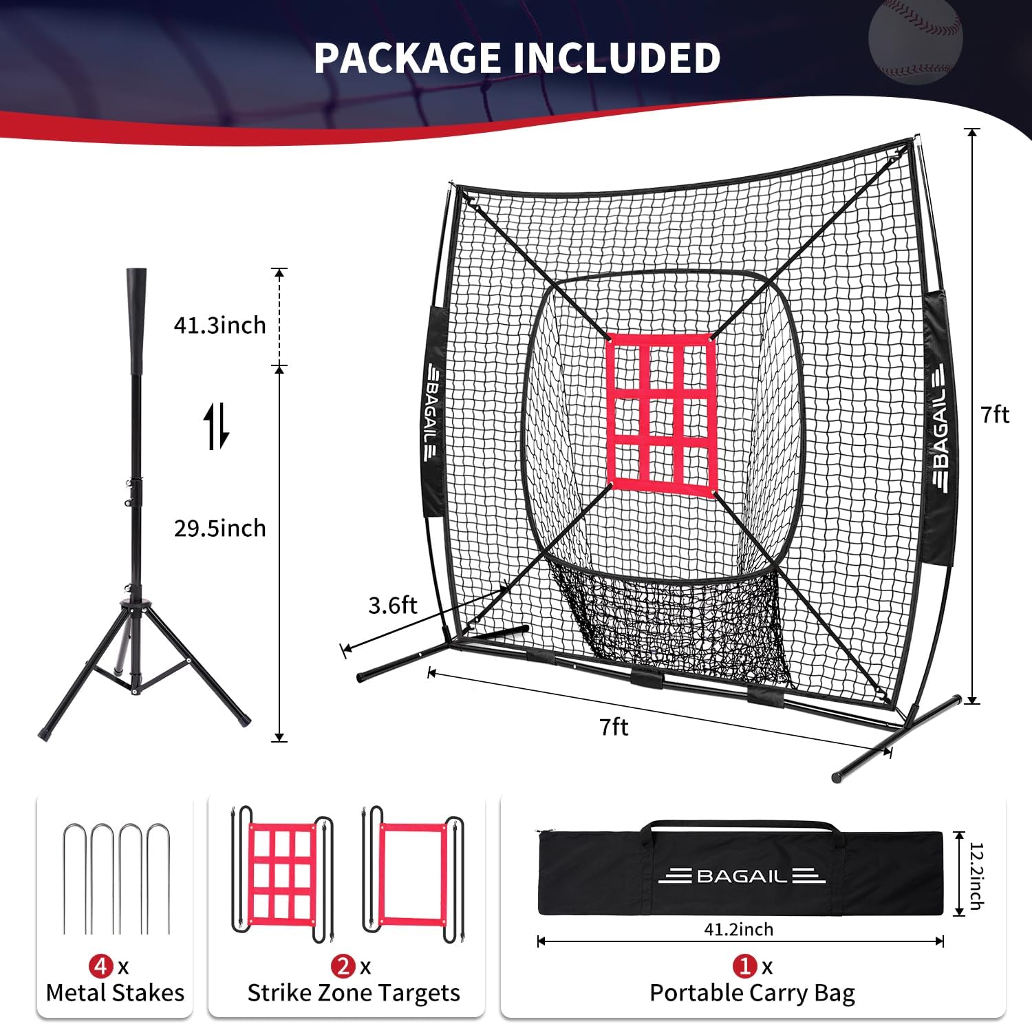 Detalle de BAGAIL BN03-Black Baseball & Softball Training Net, 7x7 ft with Tee and 2 Strike Zones
