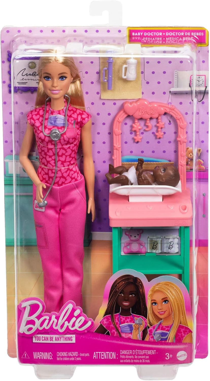 Detalle 2 de Barbie Kinderärztin-Puppe: Blondes Styling, Pinker Kittel und Baby-Patientin inklusive Zubehör