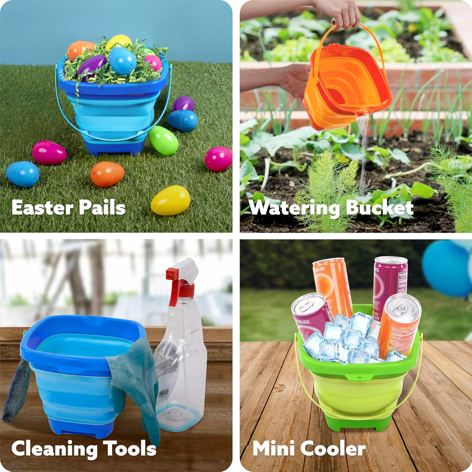 Thumbnail 4 de Sloosh 3-Pack Collapsible Sand Toys: Square Foldable Pails with 3 Shovels (Orange/Blue/Green)