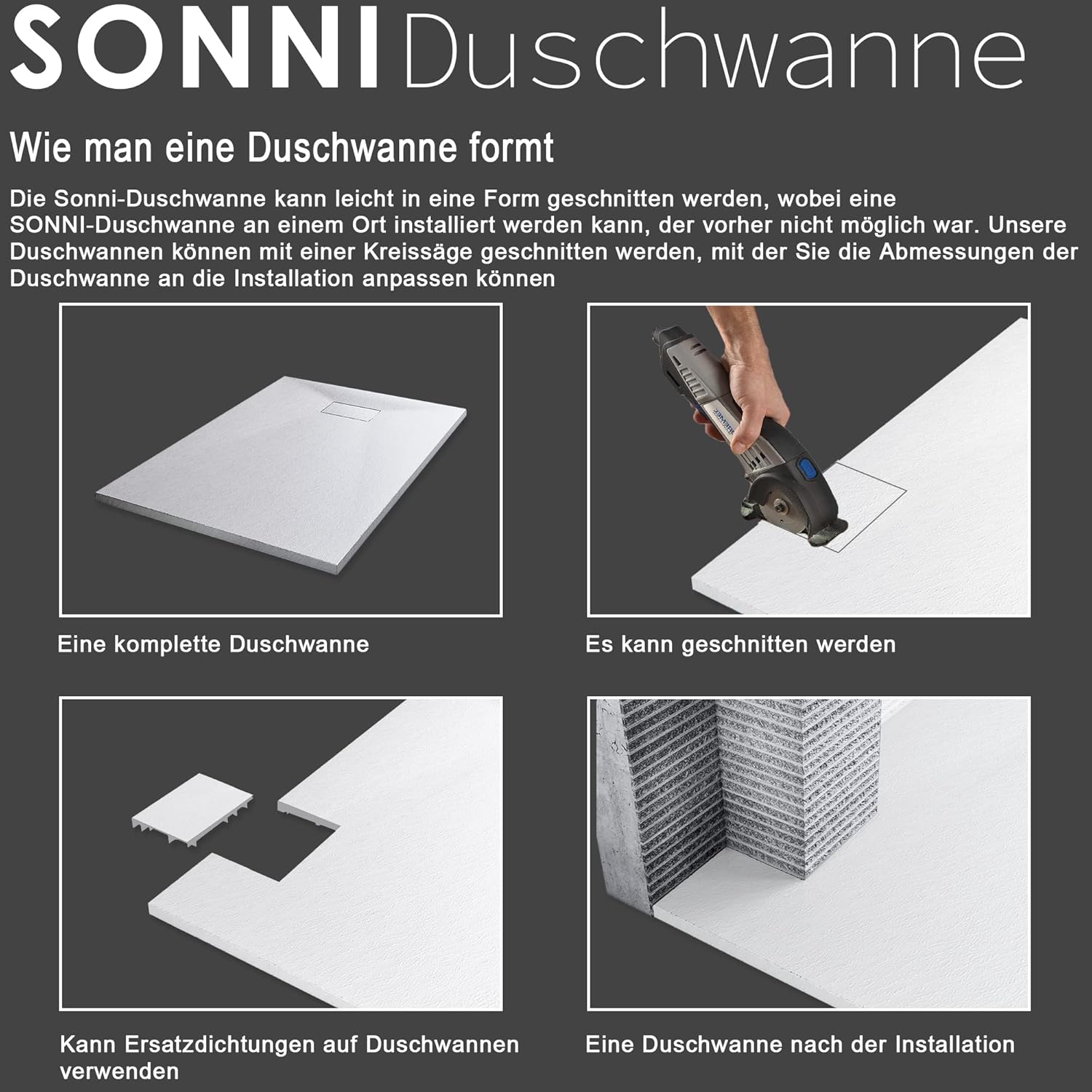 Detalle de SONNI Duschwanne 80x80 cm – Schieferoptik, rutschfest, Slimline 30 mm mit verstecktem Ablauf