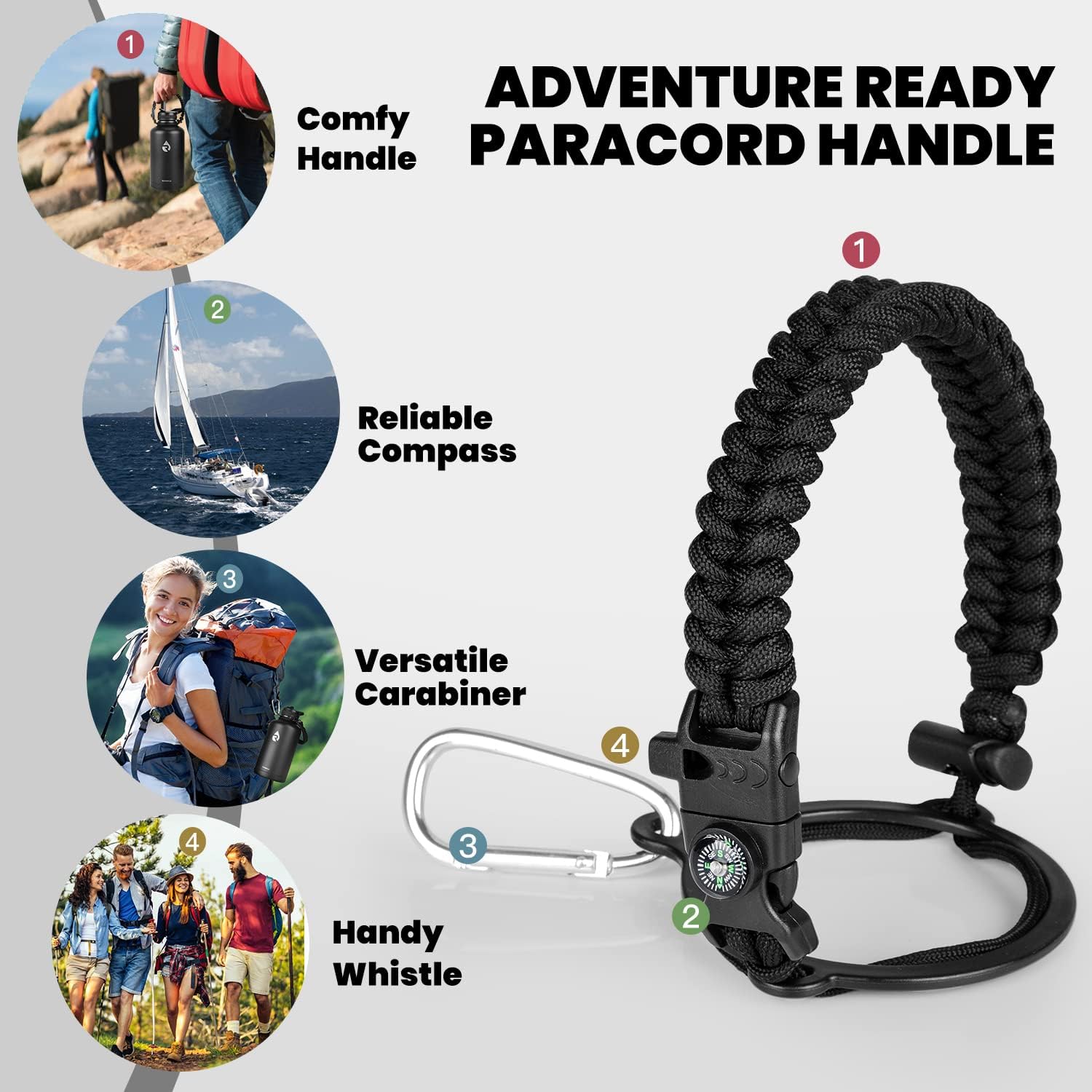 Detalle de RAYMYLO 64 oz Insulated Stainless Steel Bottle with Triple-Wall Vacuum, Leak-Proof Lids, and Paracord Handle
