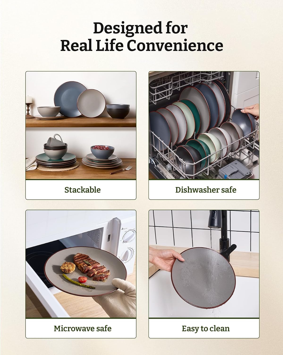 Thumbnail 6 de Famiware Venus Plates and Bowls Set with Trim – 12 Pieces, Matte Dark Gray Stoneware