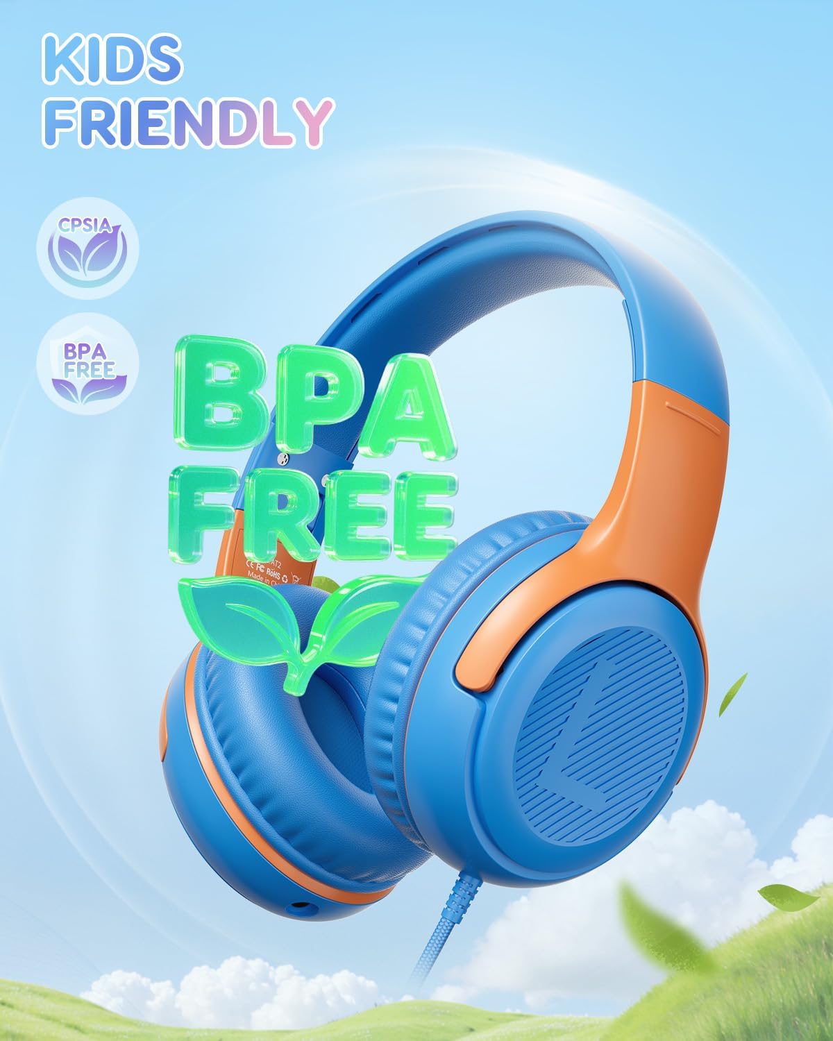 Thumbnail 2 de Awatrue Kids Wired Headphones with Mic (85/94dB limit, 3.5mm, foldable) – Orange/Blue