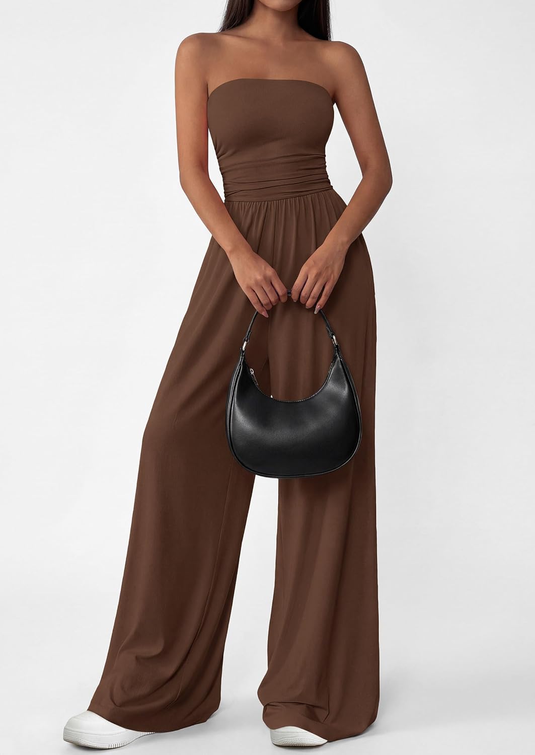 Detalle de PRETTYGARDEN Women's Trendy Strapless Romper (2026) Ruched Tube Top Wide-Leg Jumpsuit