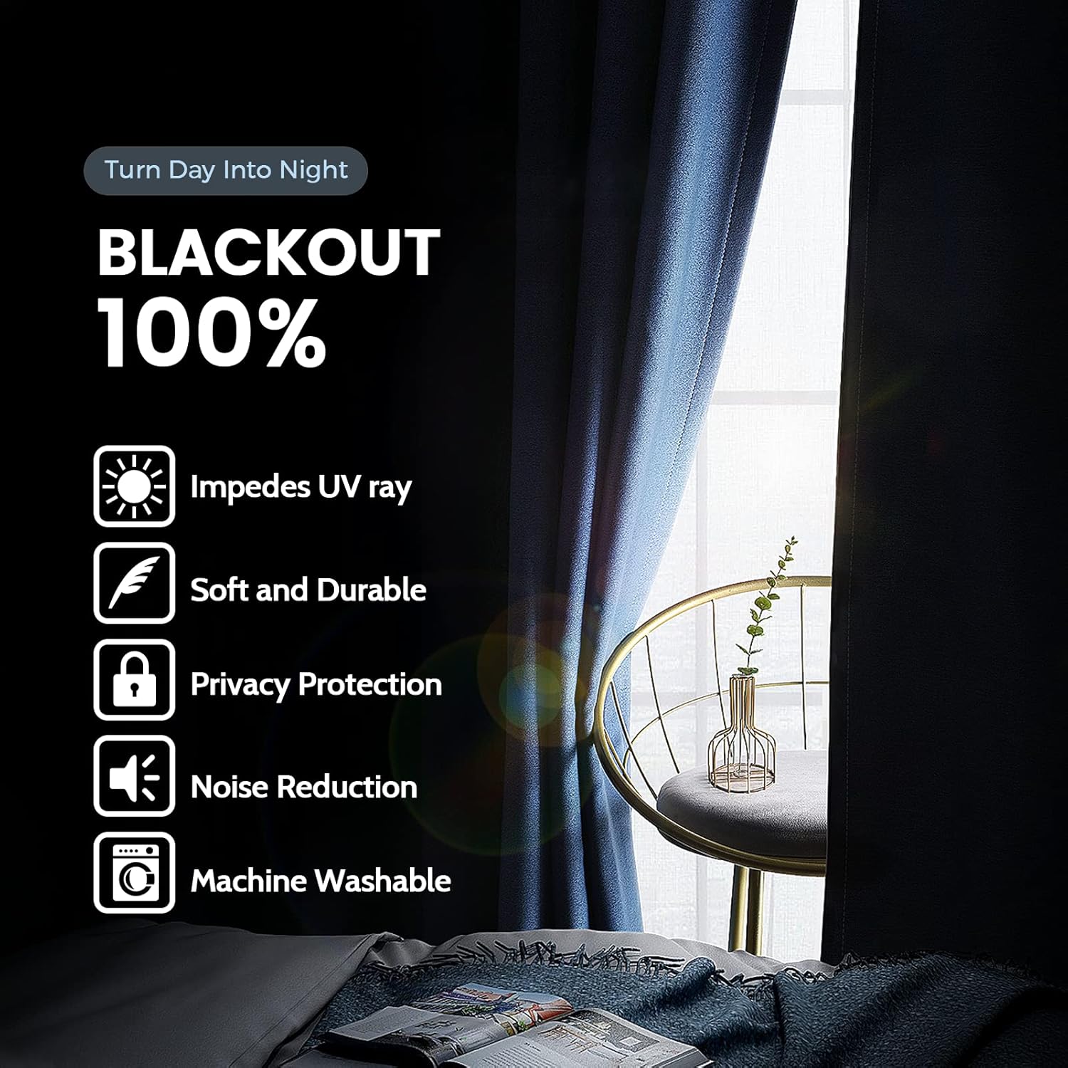 Thumbnail 1 de SimpleHome 100% Blackout Curtains for Bedroom, Navy Blue, 52 x 84 Inches, 2 Panels