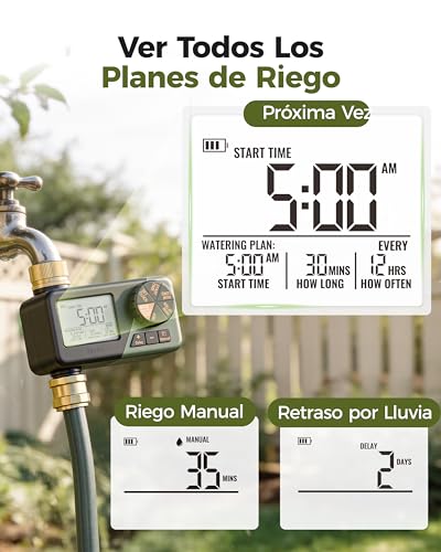 Detalle de Diivoo Programador de Riego con Entrada y Salida de Latón | IP66, Retraso por Lluvia y Riego Manual