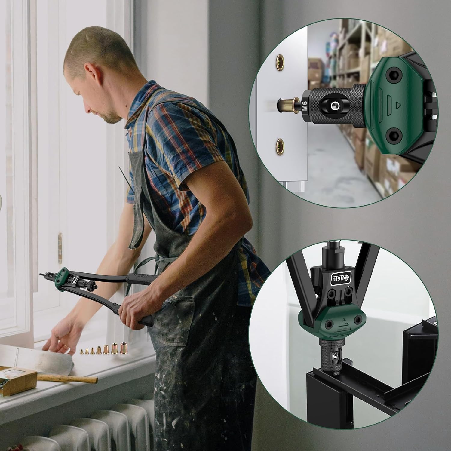 Detalle 2 de JiGiU 16" Rivet Nut Tool Kit: Heavy-Duty Nutsert Gun with 7 Mandrels and 110 Rivet Nuts