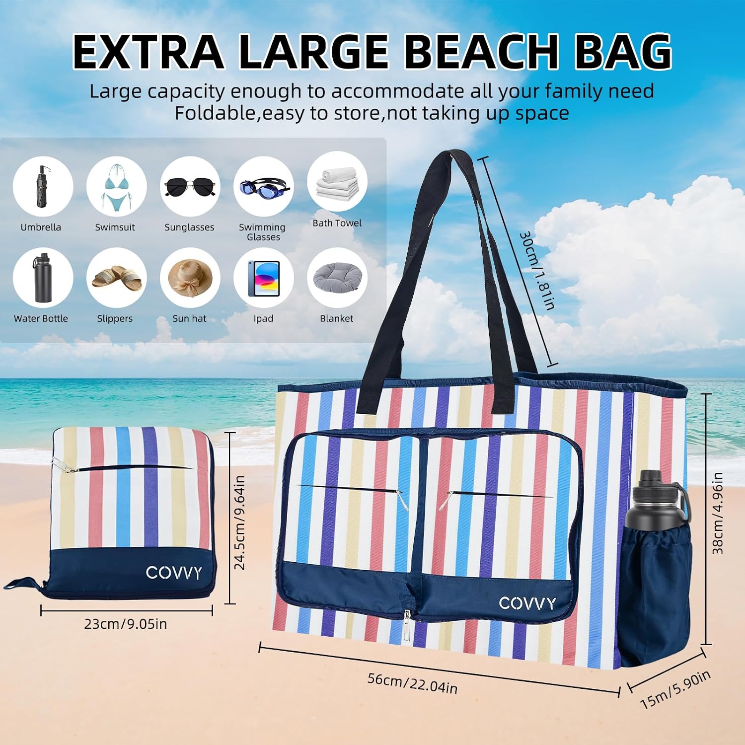 Thumbnail 1 de COVVY Beach Bag: Extra Large Foldable Tote with Zipper, Water-Resistant & 9 Pockets
