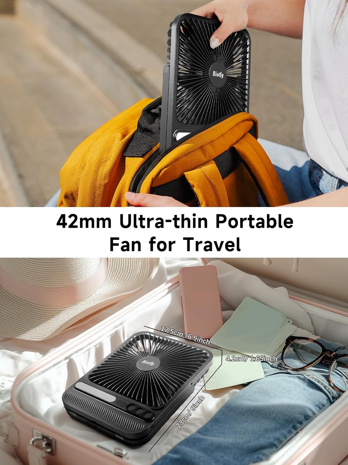 Detalle de Bistfy 10000mAh Camping Ventilator – Ultradünn, 2-in-1 Tischventilator mit Lampe und Akku, 28 Std. Laufzeit