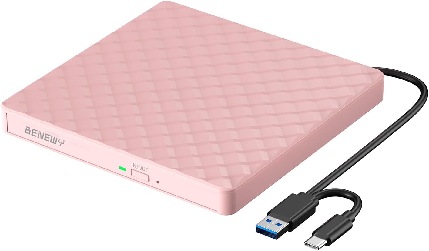 Detalle de External CD/DVD Drive for Laptop: USB 3.0 Type-C Slim DVD Burner and Reader (Pink)