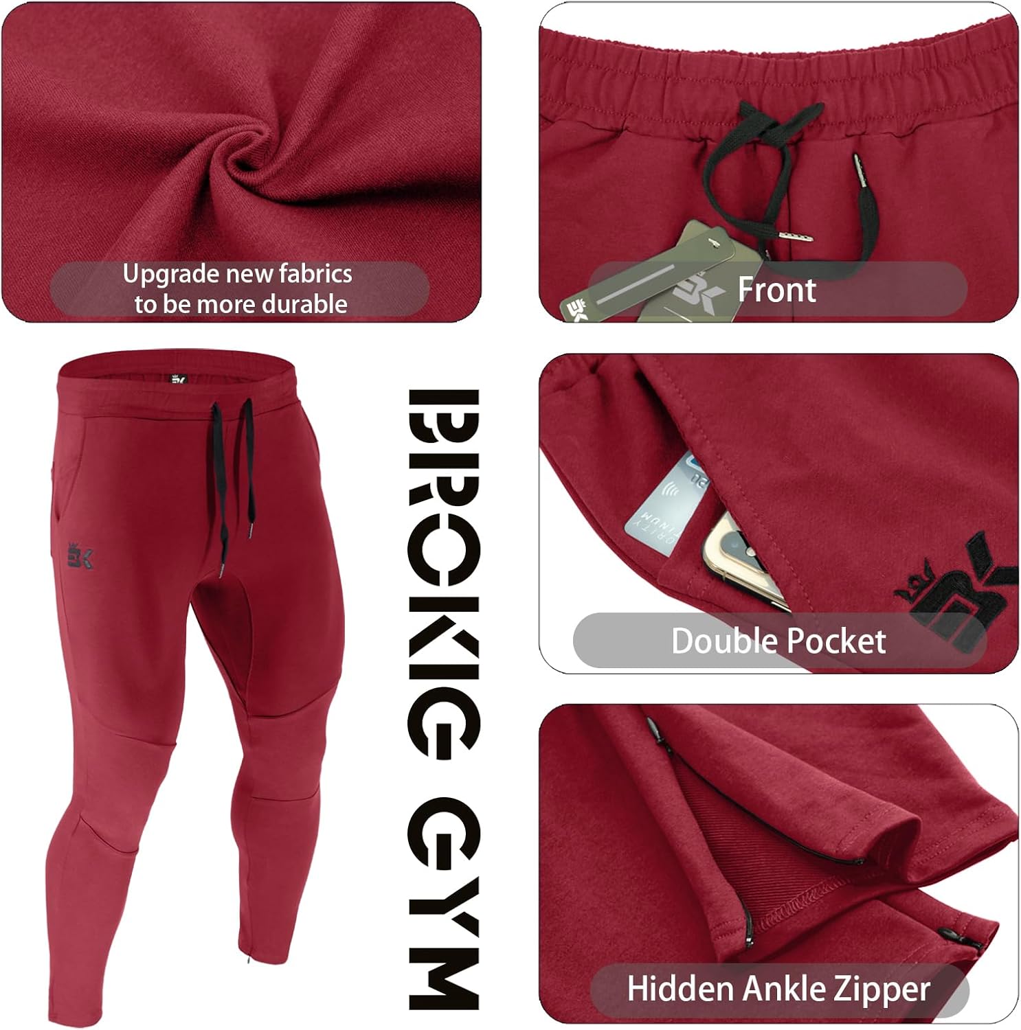 Detalle de Brokig Mens Gym Joggers Sweatpants with Double Pockets & Hidden Ankle Zippers