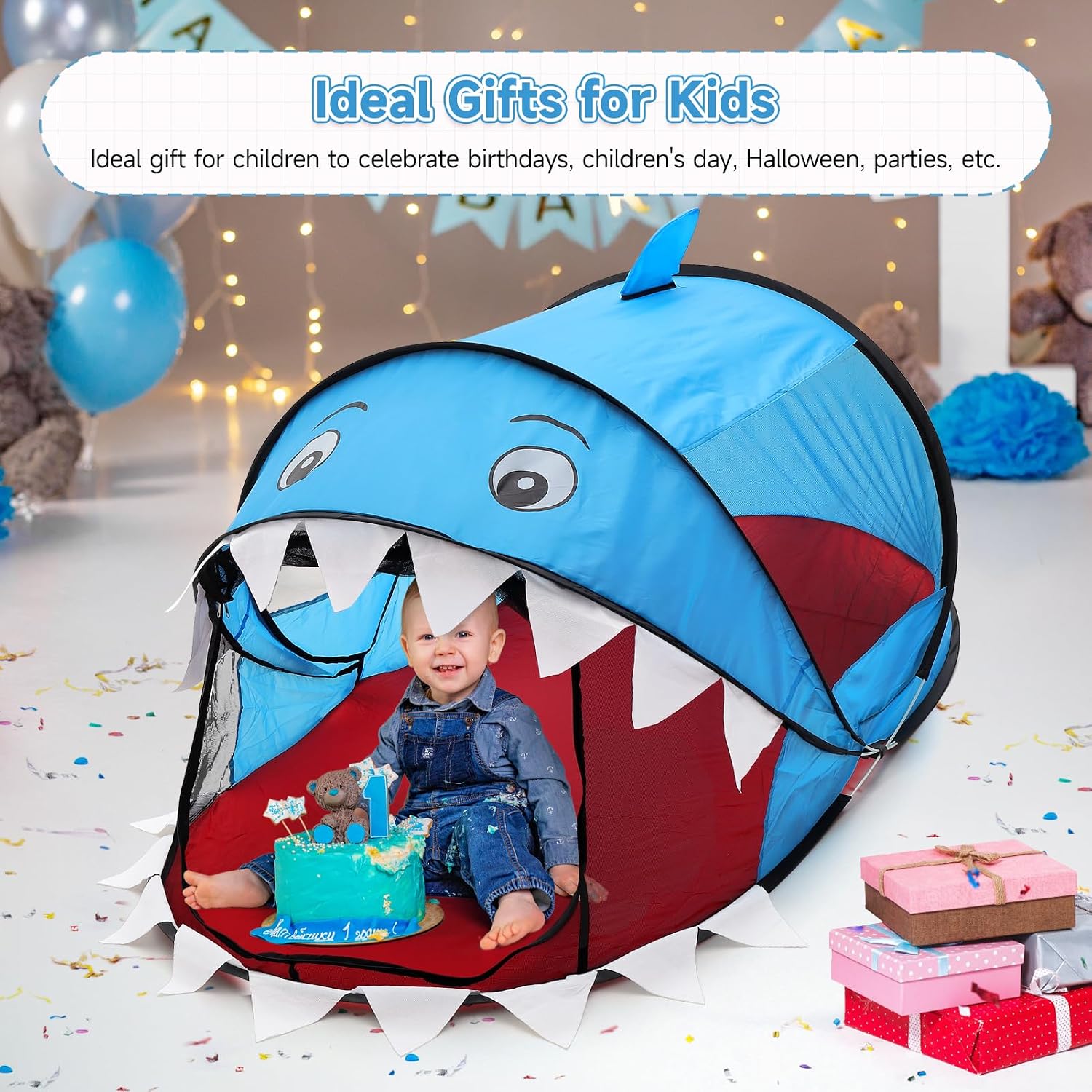 Detalle de BTGGG Kids Pop Up Tent (Blue Shark) – foldable play tent for toddlers 2–4 years, indoor & outdoor