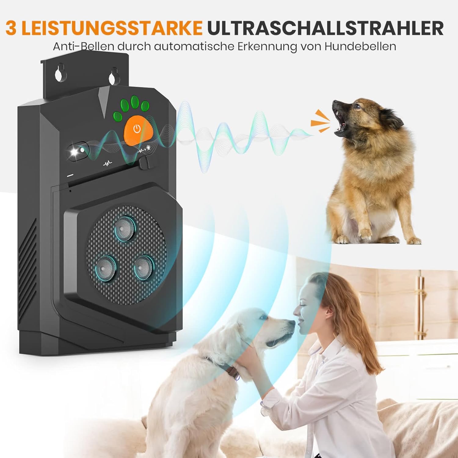Detalle 2 de Honey Paws Antibell für Hunde – Ultraschall-Gerät mit 3 Modi, 15 m Reichweite