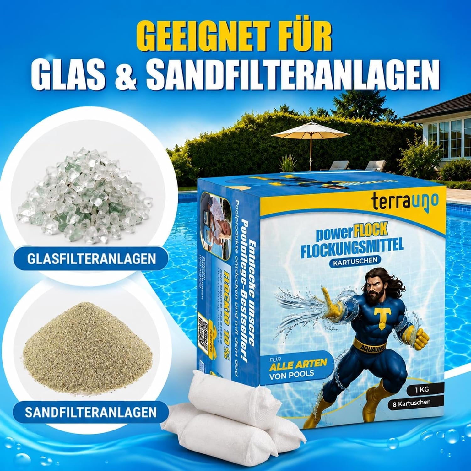 Thumbnail 4 de TerraUno Flockungsmittel Pool Kartuschen – 8 Stück 125 g | klares Wasser mit Sandfilter