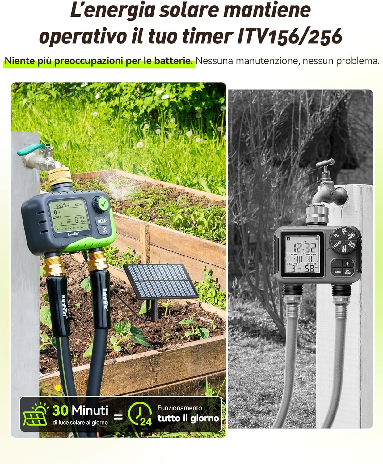 Detalle de RAINPOINT centralina irrigazione 2 vie solare con ampio display LCD – IP65