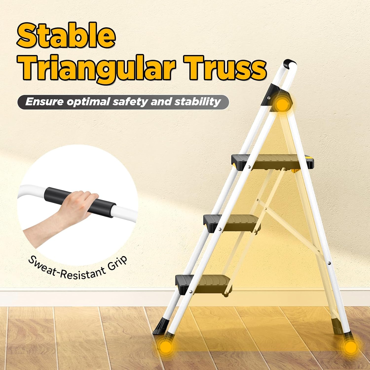 Detalle de Urackify 3-Step Folding Steel Step Ladder with Safety Lock & Handrail