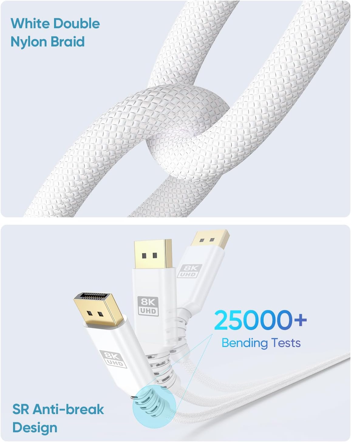 Detalle 2 de UVOOI 8K DisplayPort 1.4ケーブル 10フィート ホワイト・二重ナイロン編み