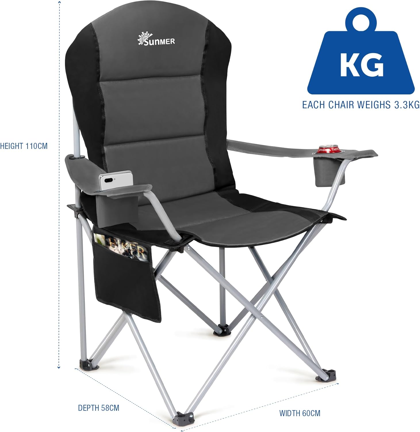 Detalle de SUNMER Padded Camping Chairs – 2 Deluxe Folding Chairs with Cup Holder, Side Pockets & 120kg Load, Dark Grey