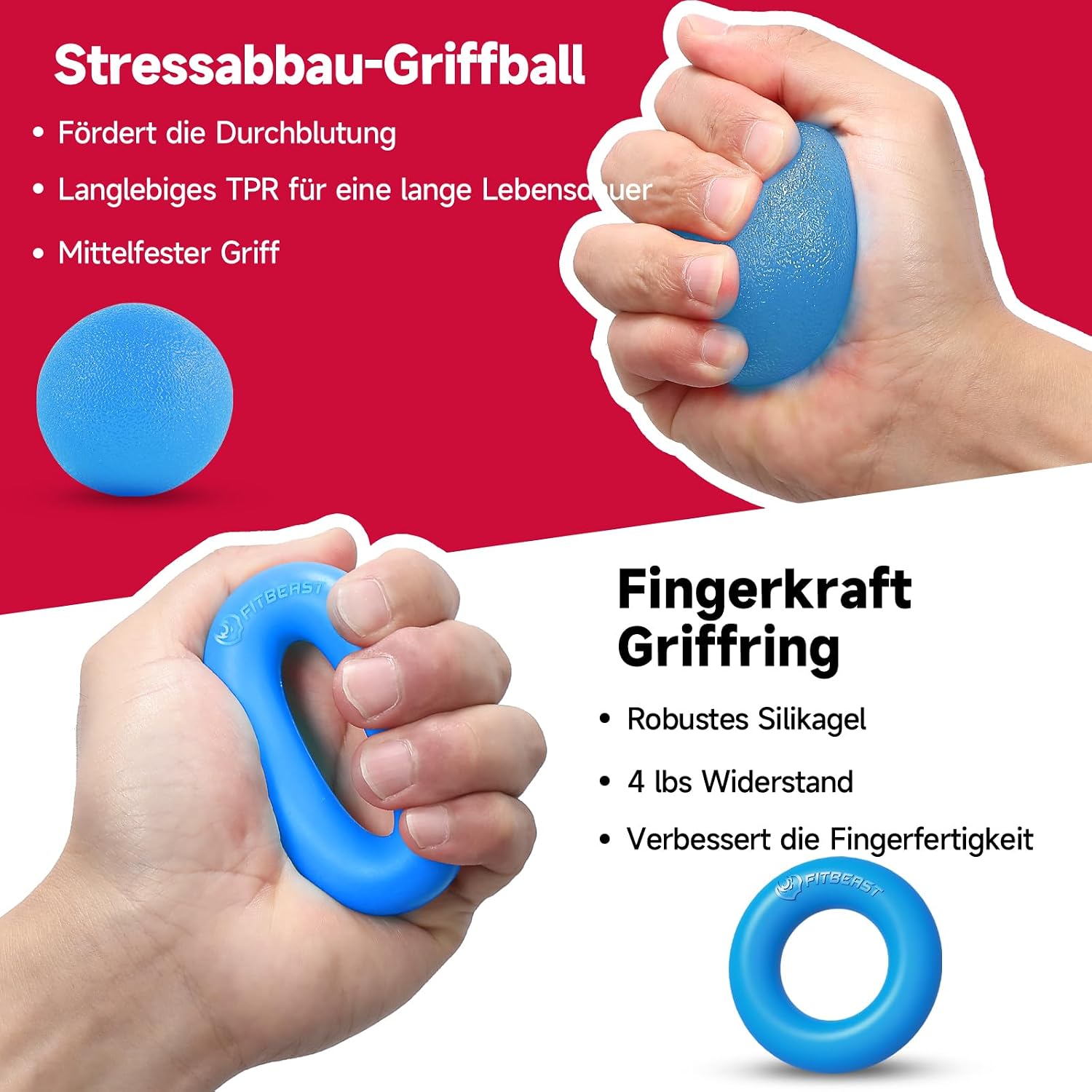 Detalle 2 de FitBeast Handtrainer Trainingsset (5-teilig) mit einstellbarem Widerstand, Fingerdehner & Stressabbau-Griffball