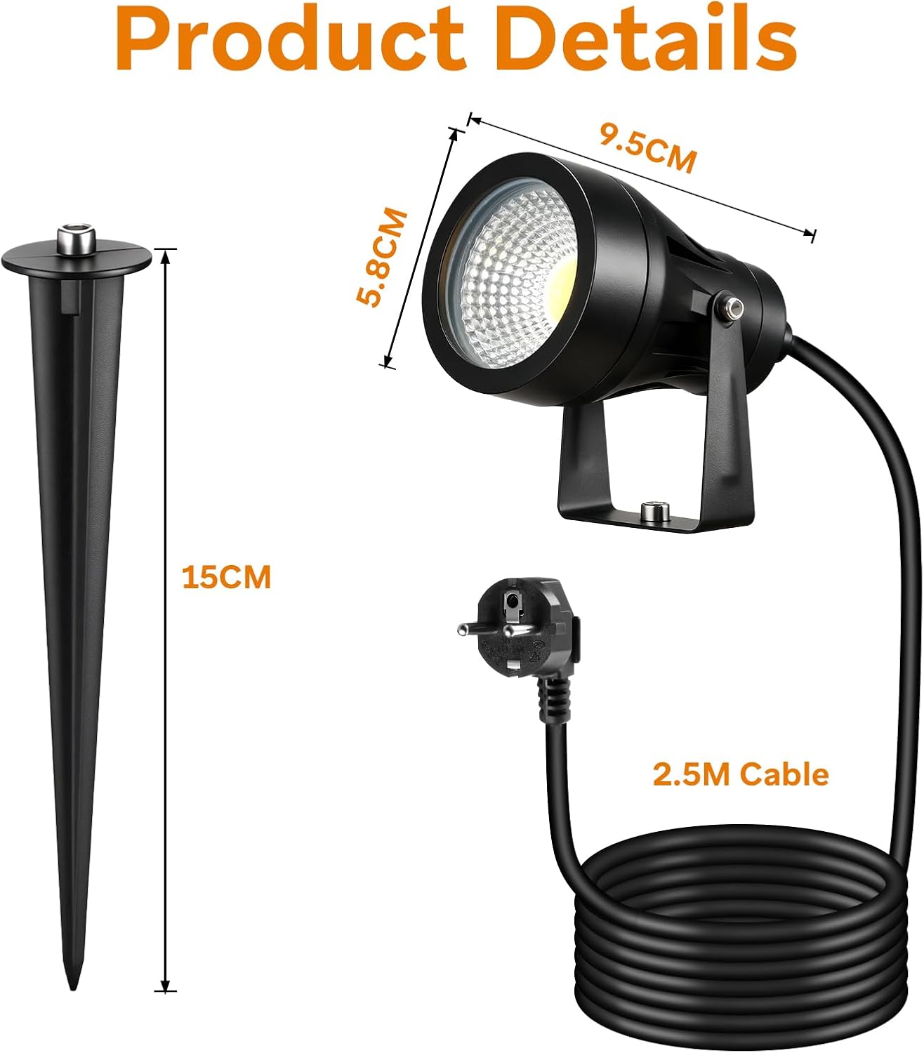 Thumbnail 1 de 2 Faretti da Giardino con Picchetto di Alimentazione 7W LED, IP65, 700LM, 220V – 2 pezzi