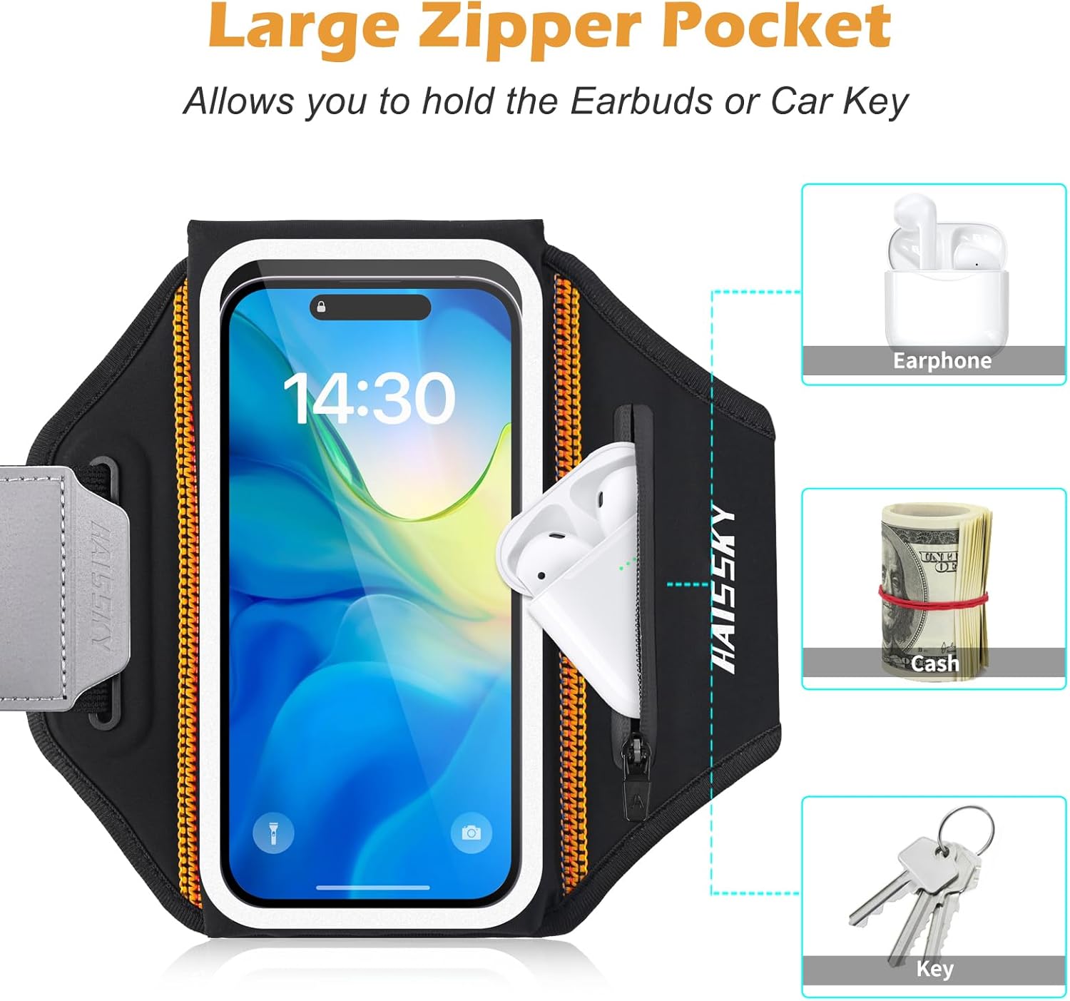 Detalle 2 de Fascia da braccio sportiva con borsa auricolari e porta cellulare per smartphone fino a 6,9