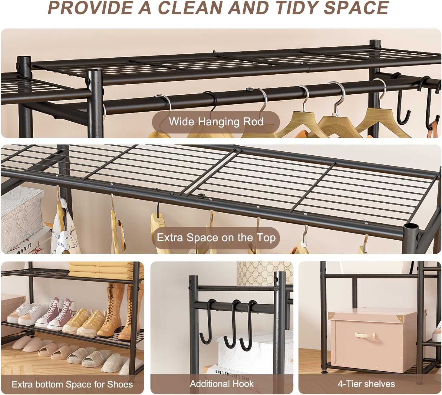 Thumbnail 6 de Neprock free-standing clothes rail with hanging bar, 4 shelves and hooks (black)