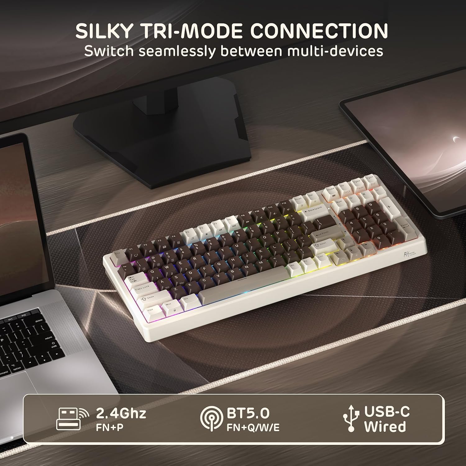 Detalle de RK ROYAL KLUDGE F99 tastiera meccanica wireless 2.4G/BT con RGB, 100 tasti, interruttore crema e poggiapolsi magnetico