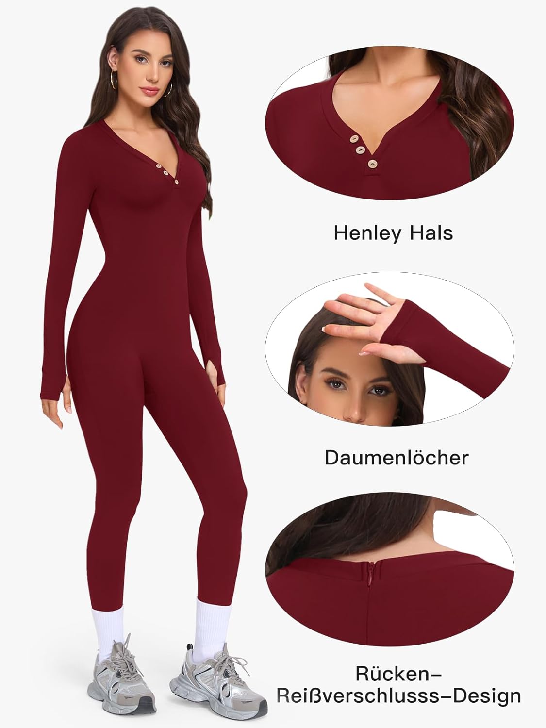 Detalle de VUTRU Damen Sport-Jumpsuit langarm aus Stretch: Nahtloser Einteiler für Yoga & Workout