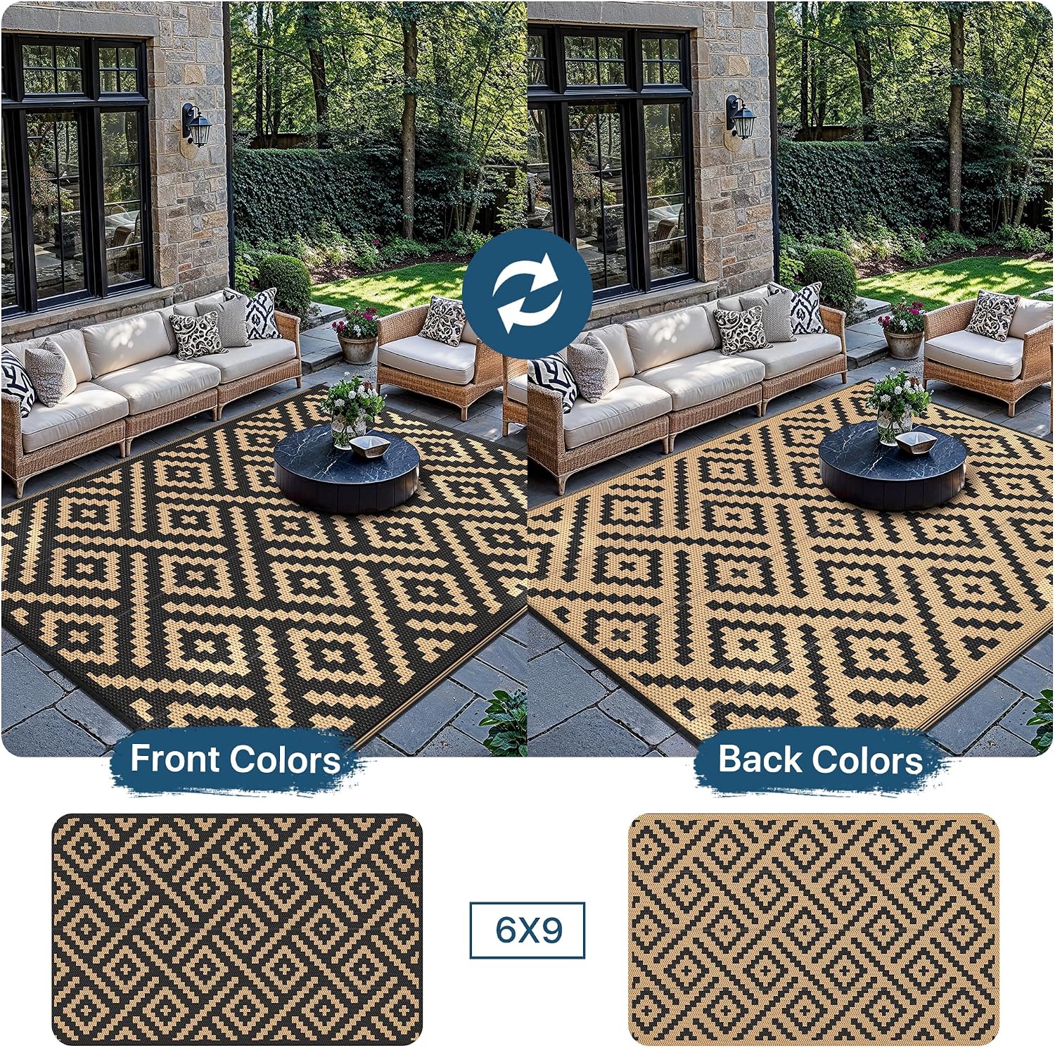Thumbnail 1 de GENIMO Outdoor Rug Garden Rugs Waterproof Reversible 180 × 275cm - Black & Brown