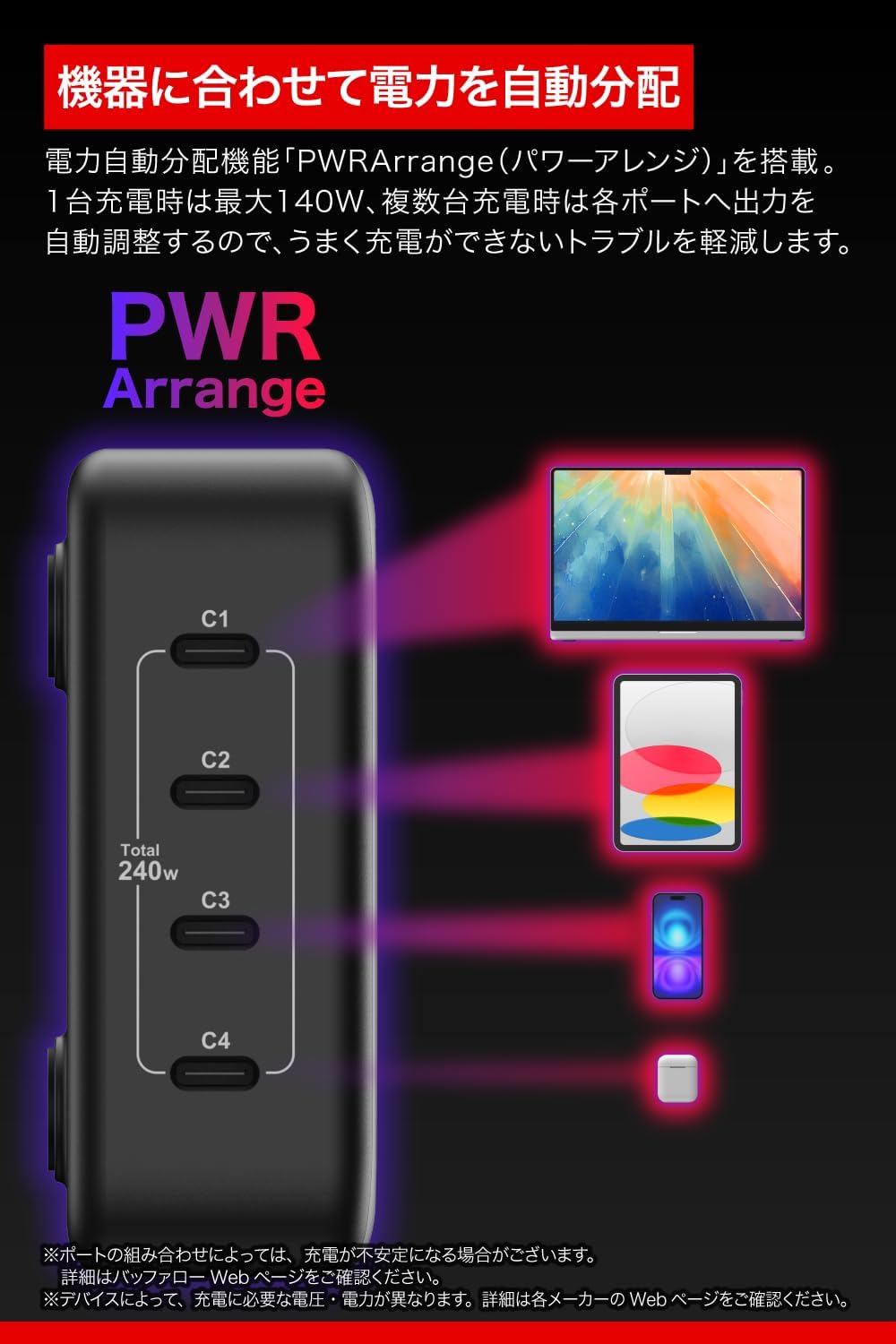 Detalle de バッファロー BSACPD24005C4BK 充電器 USB Type-C 4ポート・合計240W