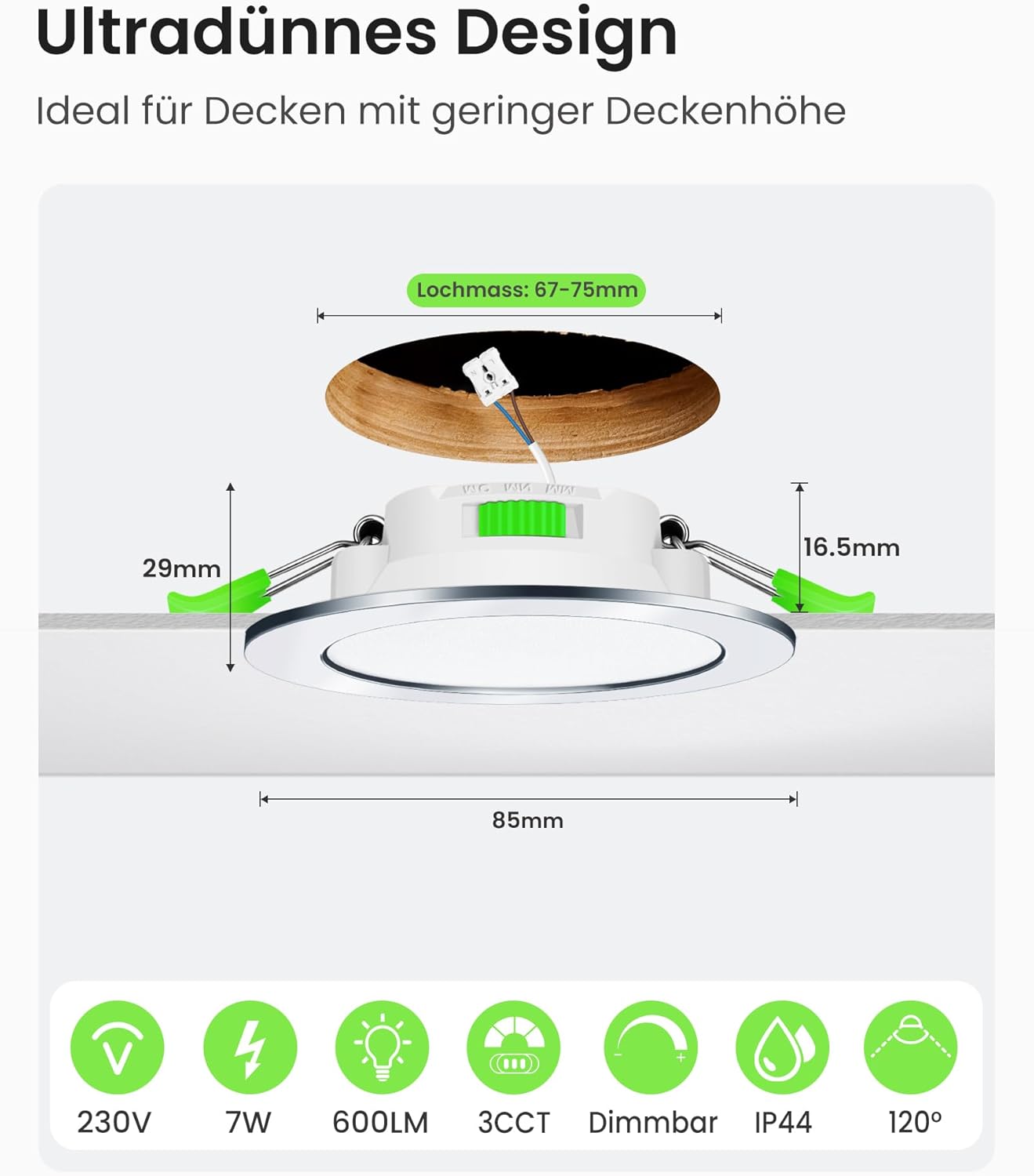 Thumbnail 1 de ALUSSO LED Einbaustrahler 230V Dimmbar – 68 mm, 7W, IP44, 6er Set (Warmweiß/Neutralweiß/Kaltweiß), Chrom