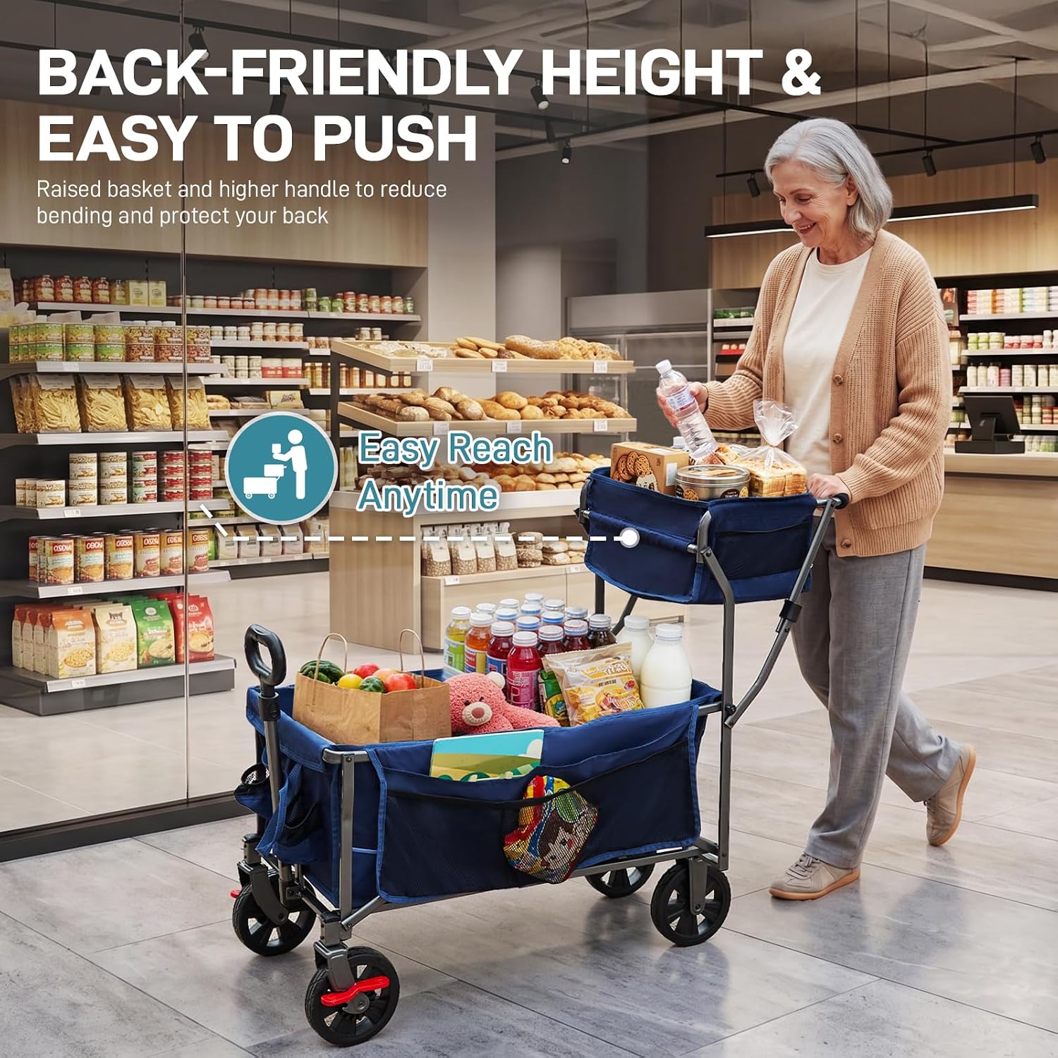 Thumbnail 3 de EVER ADVANCED Folding Push & Pull Trolley with Brake – 150L Open Carriage, 25L Basket, 100 kg Capacity (Blue)