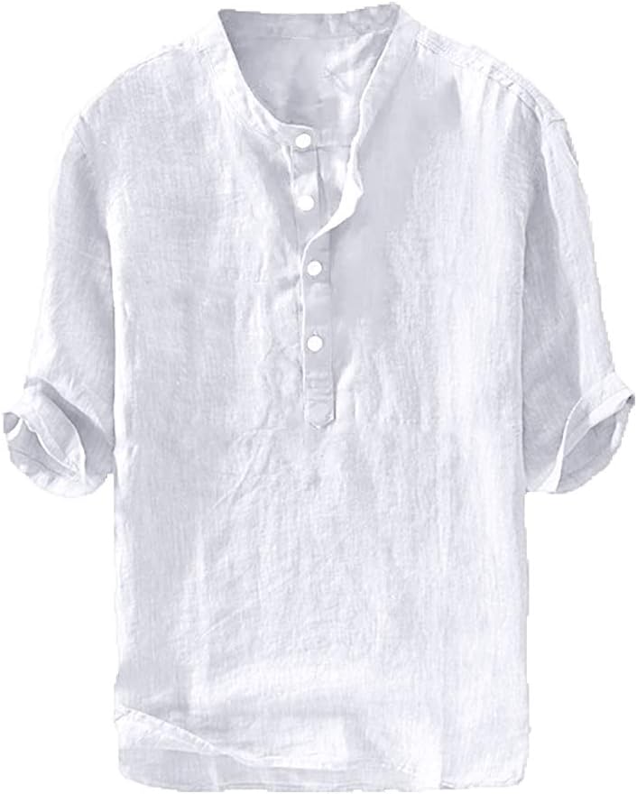 Detalle de Ryannology Mens Linen Shirts: Casual Linen-Cotton Henley, 3/4 Sleeve