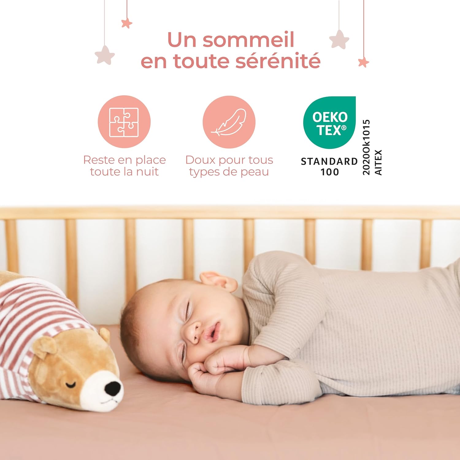 Detalle 1 de Dreamzie Lot de 2 Drap Housse cododo 40x90 cm – Coton certifié Oeko-Tex, Rose/Blanc