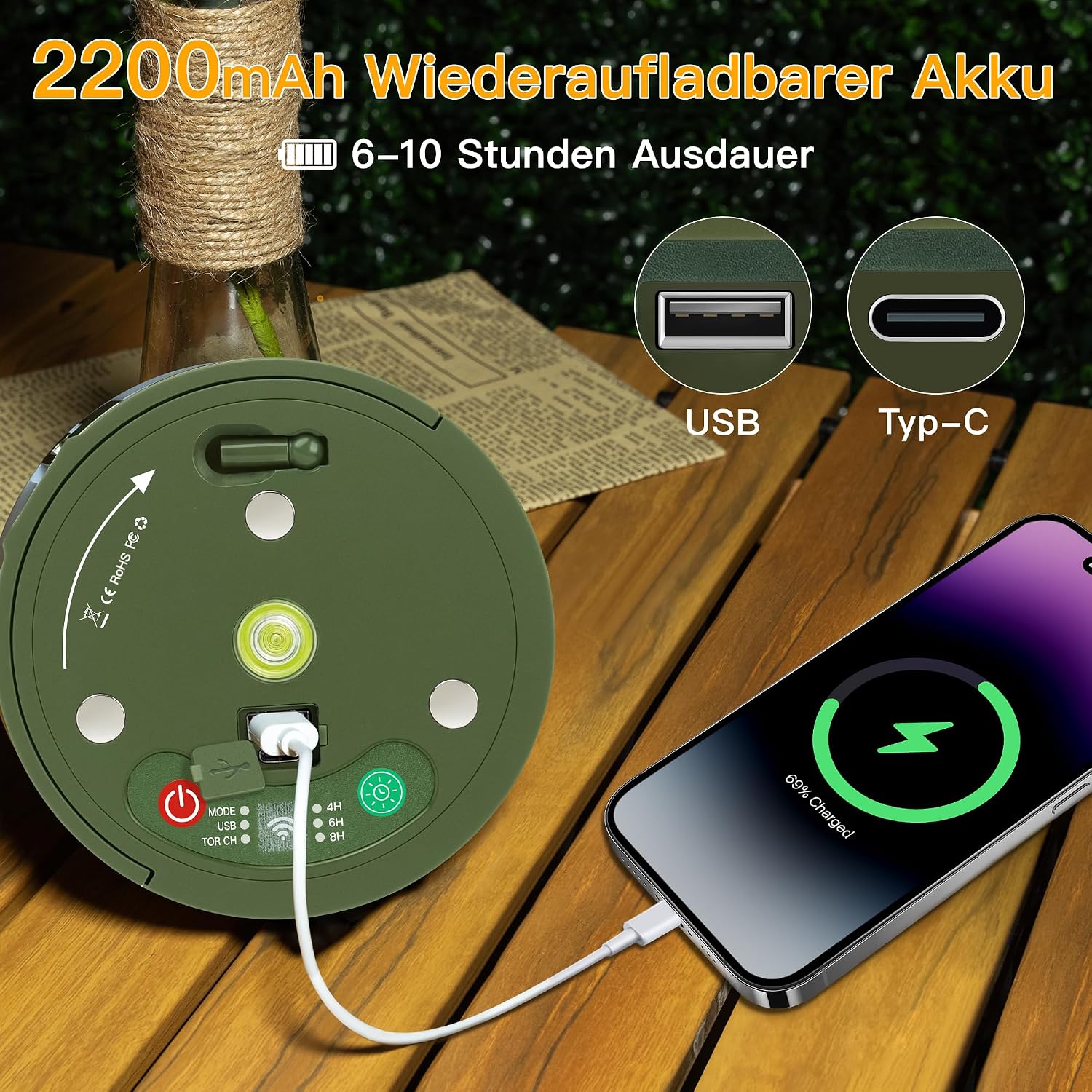 Detalle de Ollny Camping Lichterkette Aufrollbar 10M – 4-in-1 Outdoor-Lichtlösung mit 8 Modi, USB-Akku, Timer und Wasserschutz