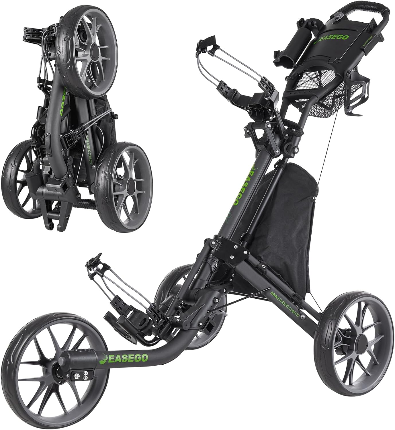 Detalle de EASEGO 3-Wheel Golf Cart: Foldable All-Terrain Push Cart with Phone, Cup, and Umbrella Holders