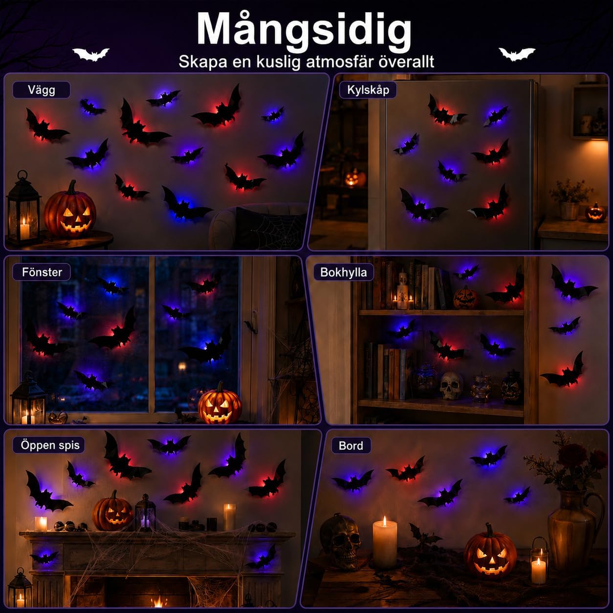 Thumbnail 6 de ShadowRealmTech 0025 Halloween-dekoration med 24 lysande 3D-fladdermöss