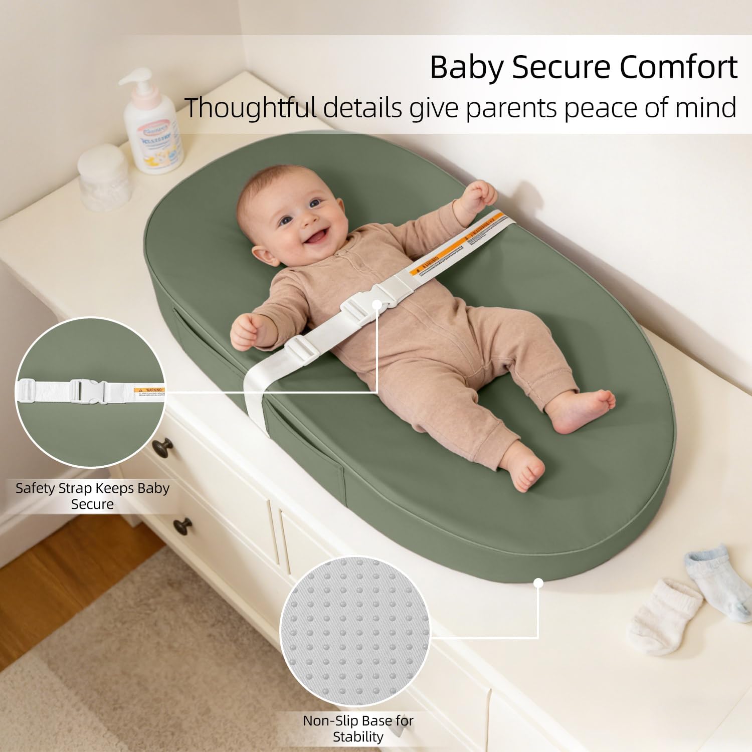 Thumbnail 3 de JVEOO Waterproof Vegan Leather Baby Changing Pad, Dark Green, Wipeable with Safety Strap