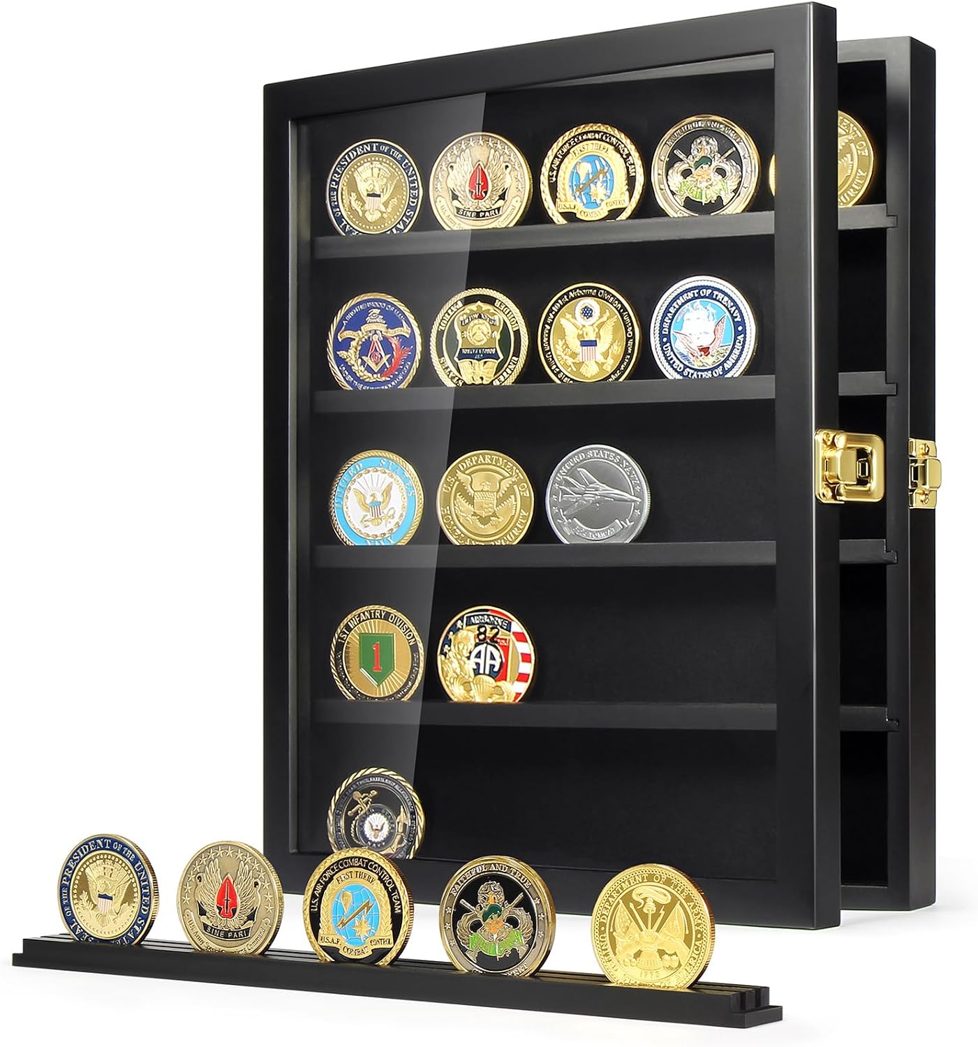Detalle de Military Challenge Coin Display Case with Removable Shelves – Wall Mount Shadow Box