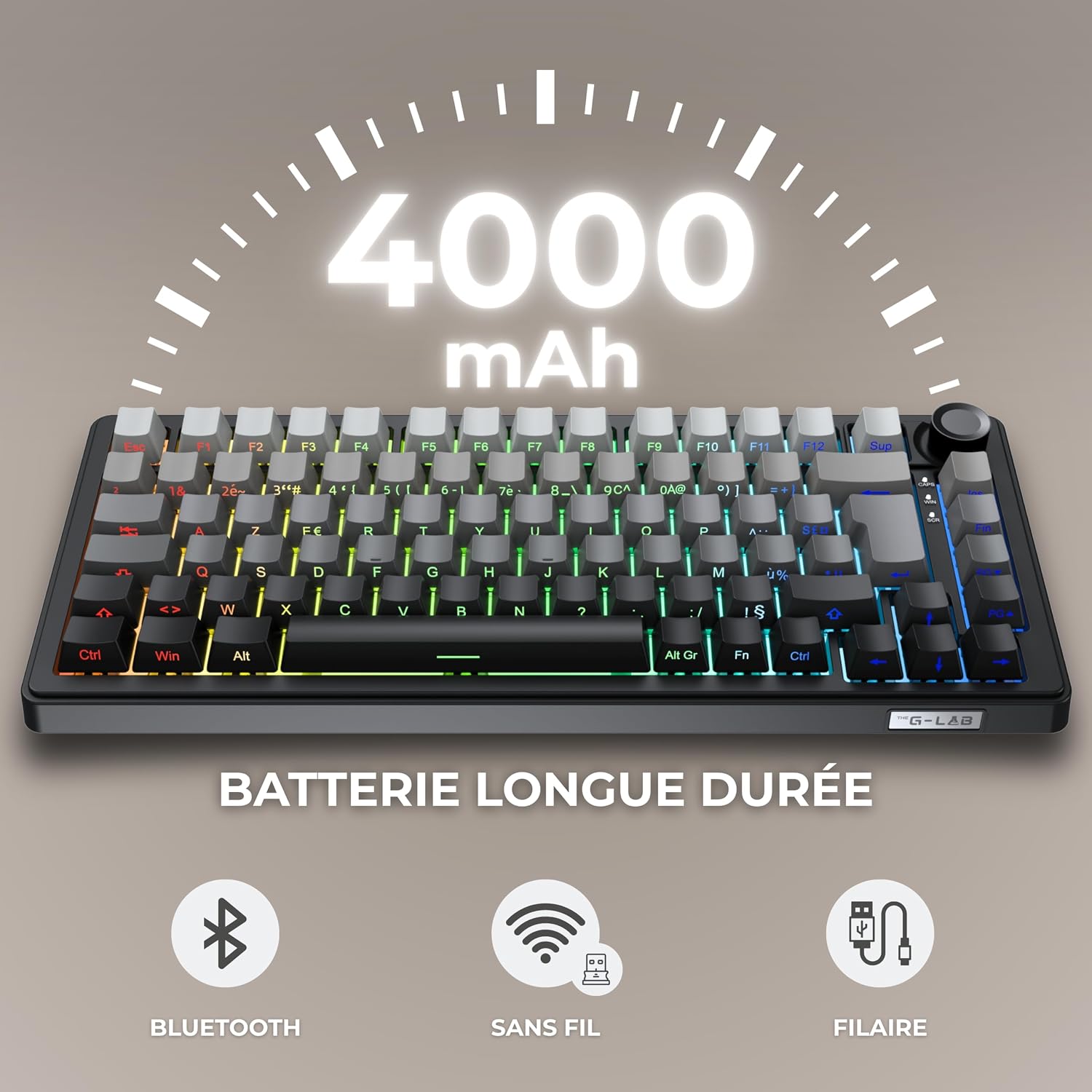 Detalle de The G-Lab KEYZ ELITE 300 GRG – klawiatura gamingowa 75% AZERTY, tri-mode, hot-swap