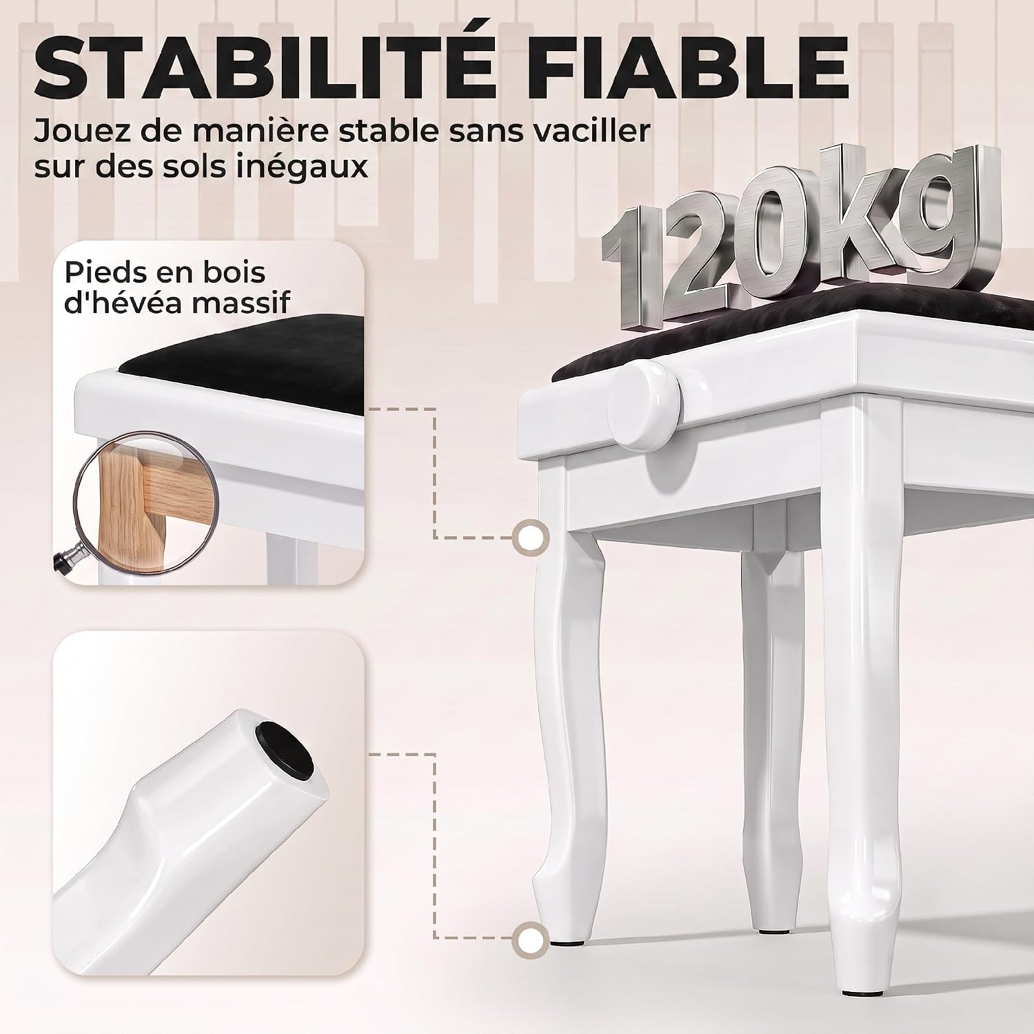 Detalle 1 de HOMCOM F12-022V00WT pianokruk, verstelbaar 45-56 cm, fluwelen zitting