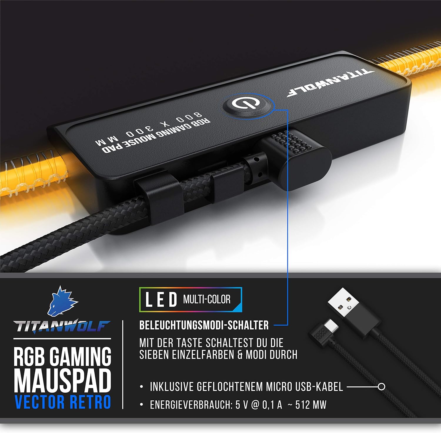 Detalle de Titanwolf RGB Gaming Mauspad – XXL 800x300 mm mit LED-Beleuchtung und sieben Farben