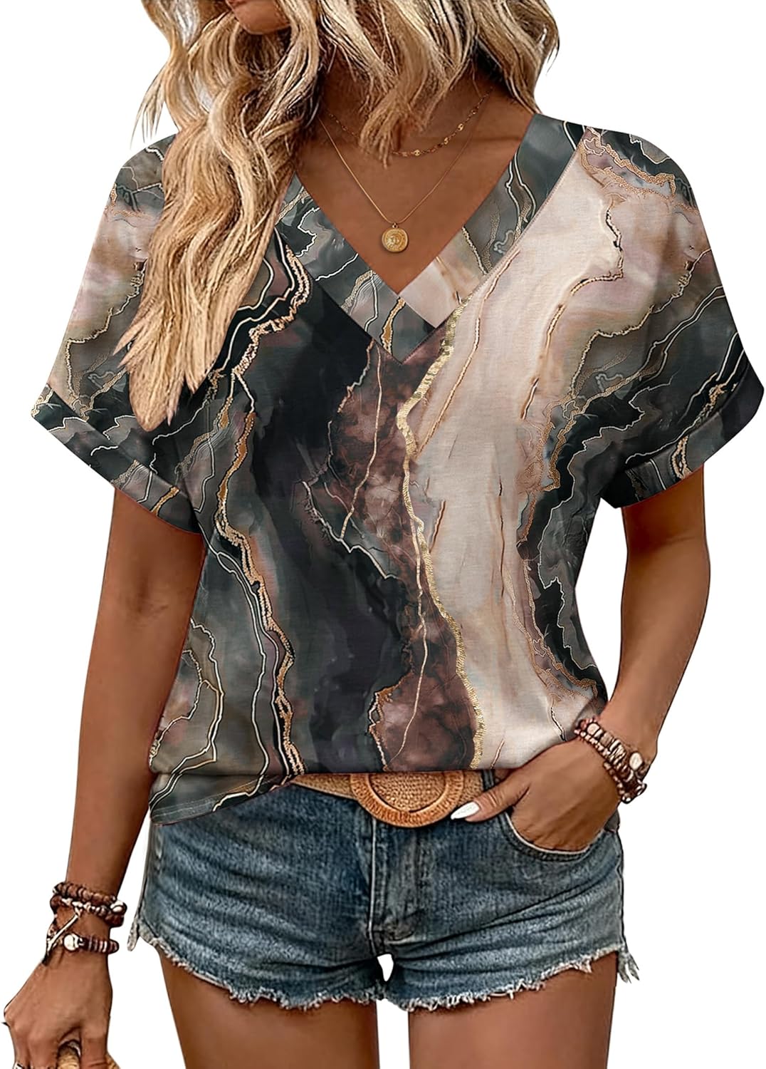 Detalle 2 de Zeagoo Rolled Sleeve V‑Neck Top