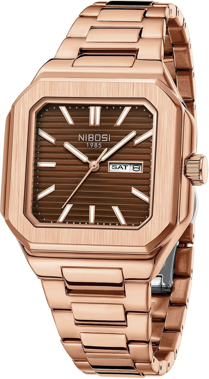Detalle de NIBOSI Orologio da polso da uomo analogico al quarzo in acciaio inox quadrato impermeabile 3 ATM stile business