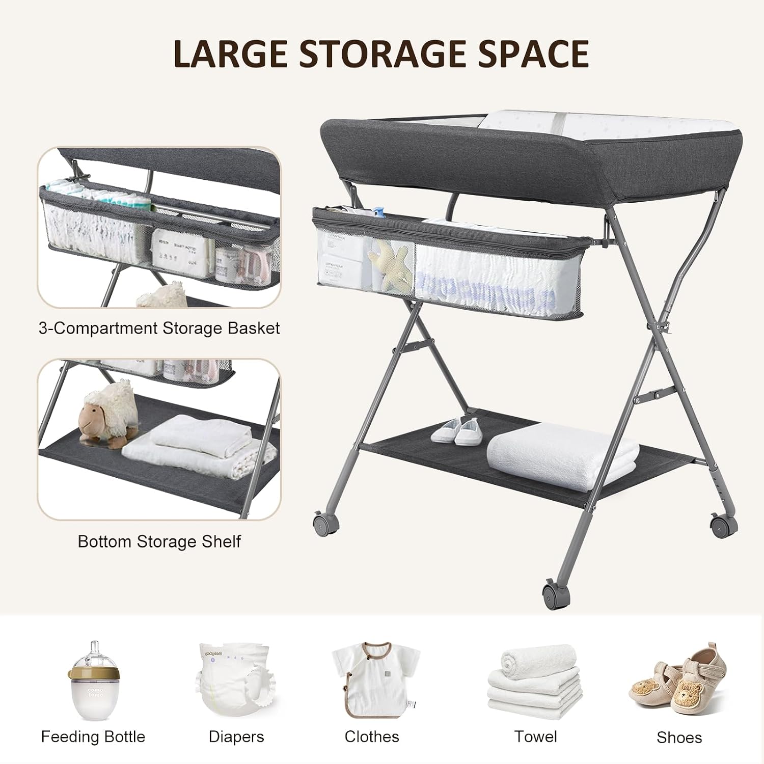Thumbnail 5 de Maydolly Baby Changing Table, Folding Adjustable Height with Wheels, Dark Gray