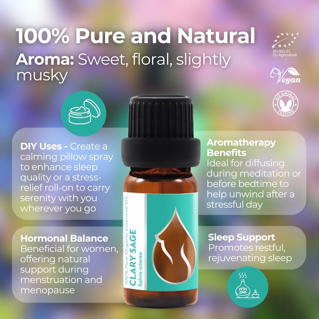 Thumbnail 4 de Essences Bulgaria Olio Essenziale di Salvia sclarea biologica, 100% puro e non diluito (10 ml) | Distillato a vapore